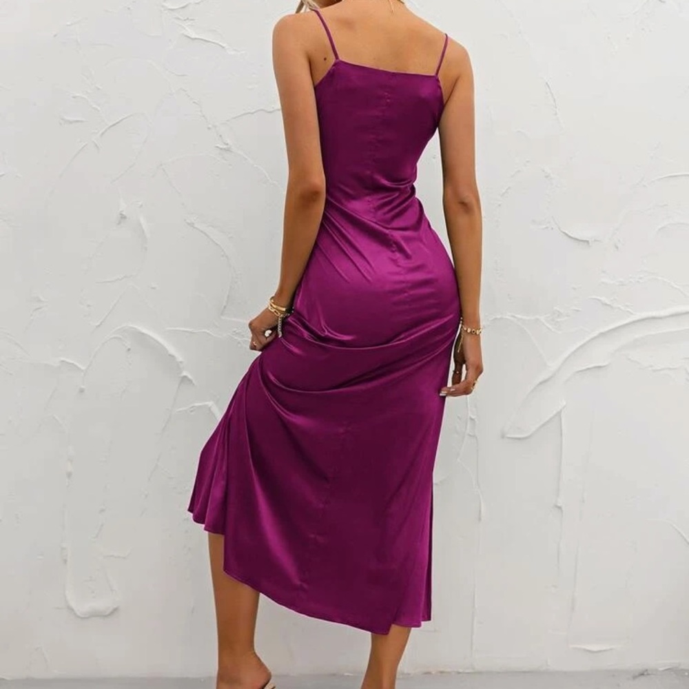 Satin silky v neck cami strap mini slip silk dress holiday party magenta purple - Picture 2 of 10